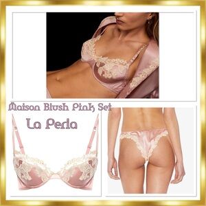 La Perla Maison Blush Pink Silk Satin Embroidered Frastaglio Applique SET 36C-Sm